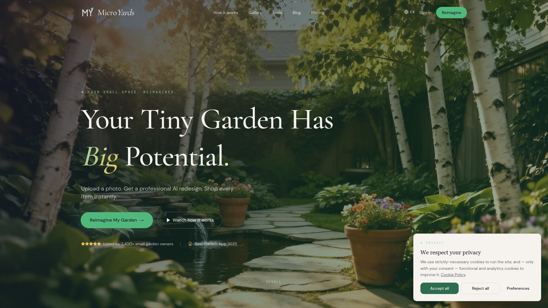 MicroYards homepage — AI garden designer & cheapest product finder built by Digital Bridge