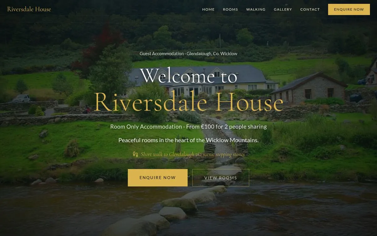 Riversdale House Getaway homepage — Glendalough B&B website built by Digital Bridge