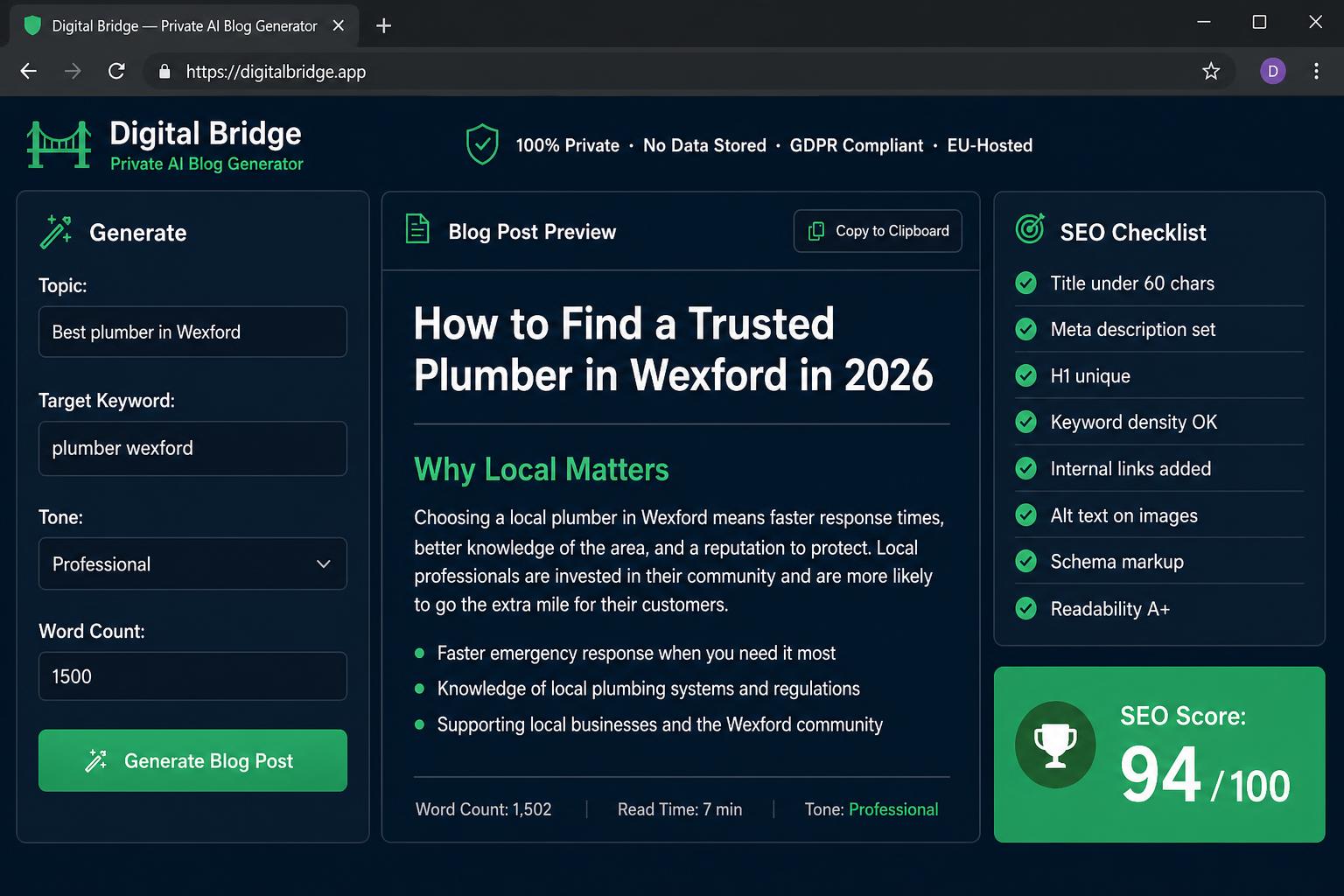 Private AI SEO Blog Generator built by Digital Bridge — privacy-first GDPR-compliant blog post generator with built-in SEO checklist