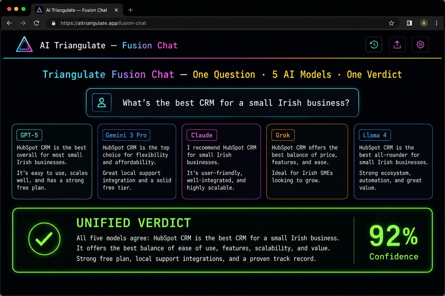 5-in-1 AI Fusion Chat built by Digital Bridge for AI Triangulate — five AI models answering one question with a unified verdict and confidence score