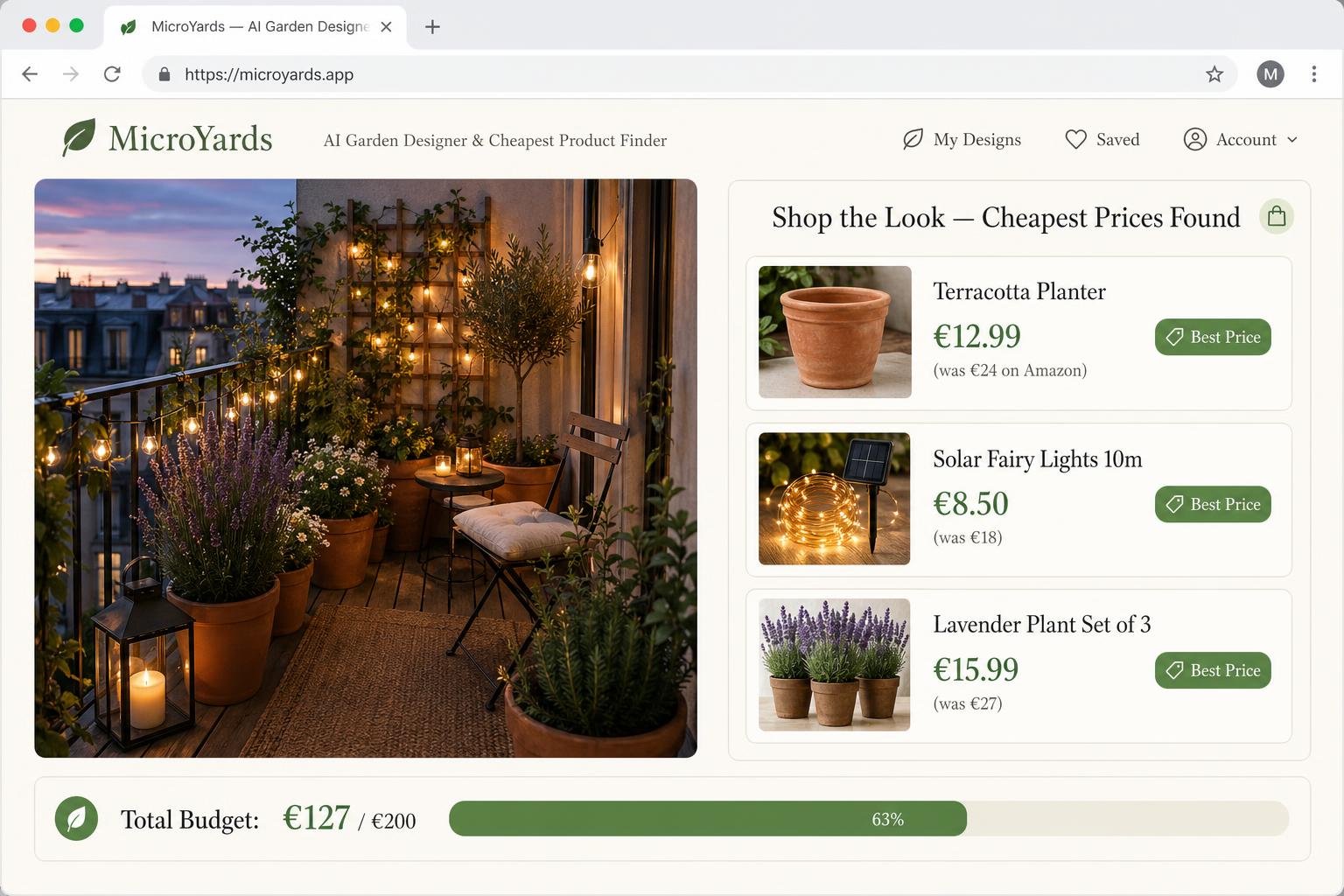 AI Garden Designer and Cheapest Product Finder built by Digital Bridge for MicroYards — AI image generation with live product price lookup