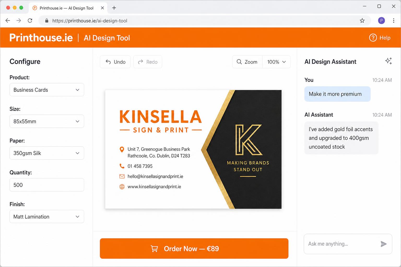 AI Print Design Tool built by Digital Bridge for Printhouse.ie — live business card configurator with AI design assistant